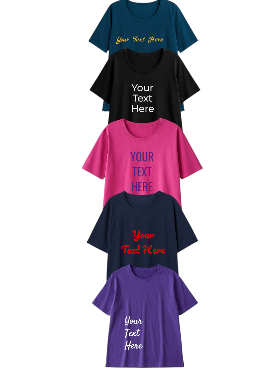 Personalized Round Neck Tees - Cotton Spandex in various colors with customizable text options for plus size women.