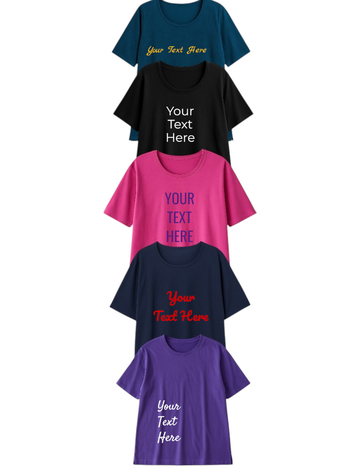 Personalized Round Neck Tees - Cotton Spandex in various colors with customizable text options for plus size women.