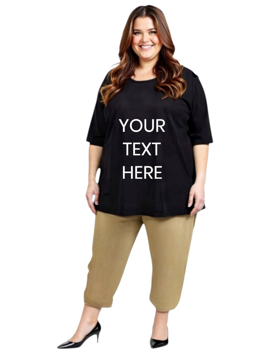 Personalized Round Neck Tees - Cotton Spandex model showcasing custom text option for plus size women.
