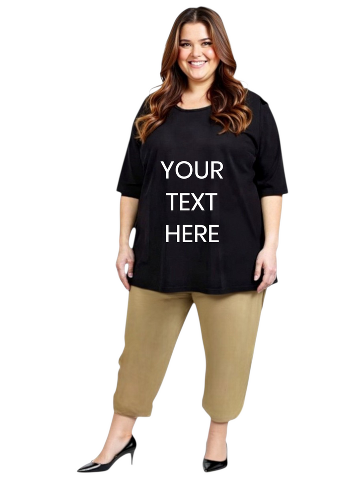 Personalized Round Neck Tees - Cotton Spandex model showcasing custom text option for plus size women.