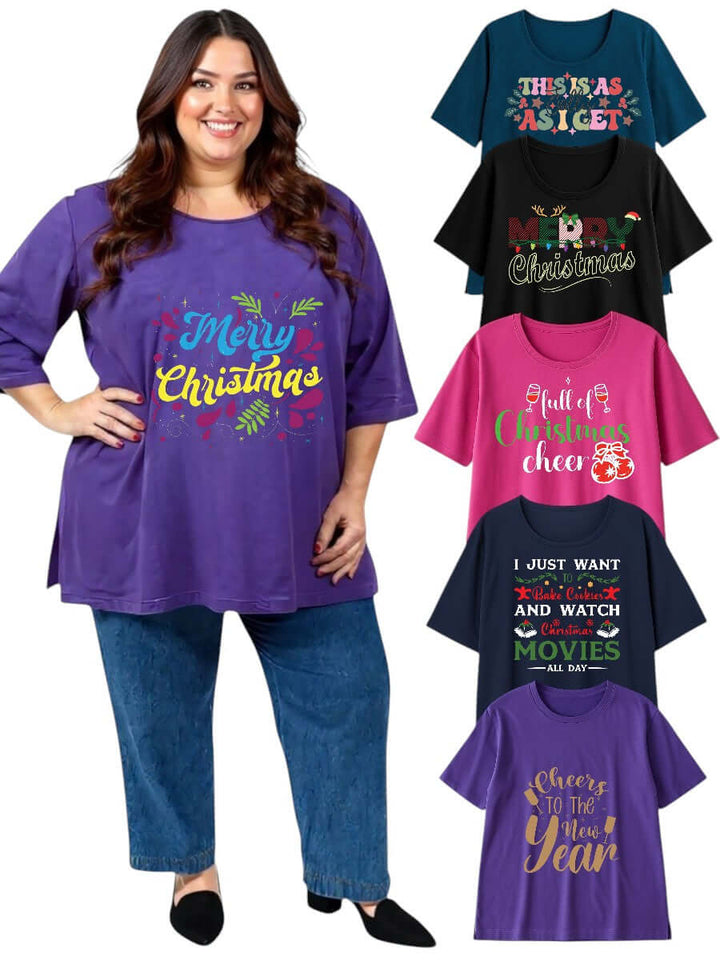 CHRISTMAS Round Neck Tees - Cotton Spandex featuring festive prints and comfortable design for a joyful holiday season.