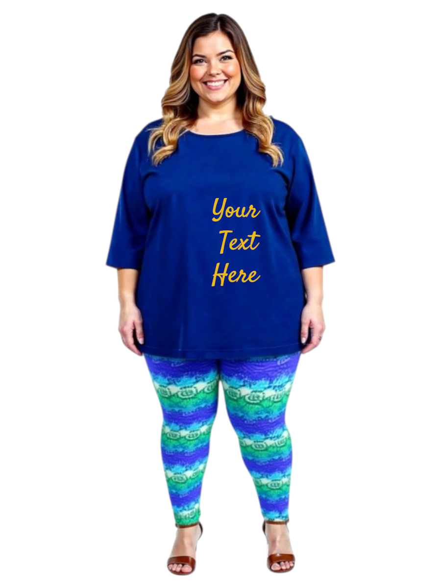 Personalized Round Neck Tees - Cotton Polyester in navy blue worn by a plus-size woman with customizable text.