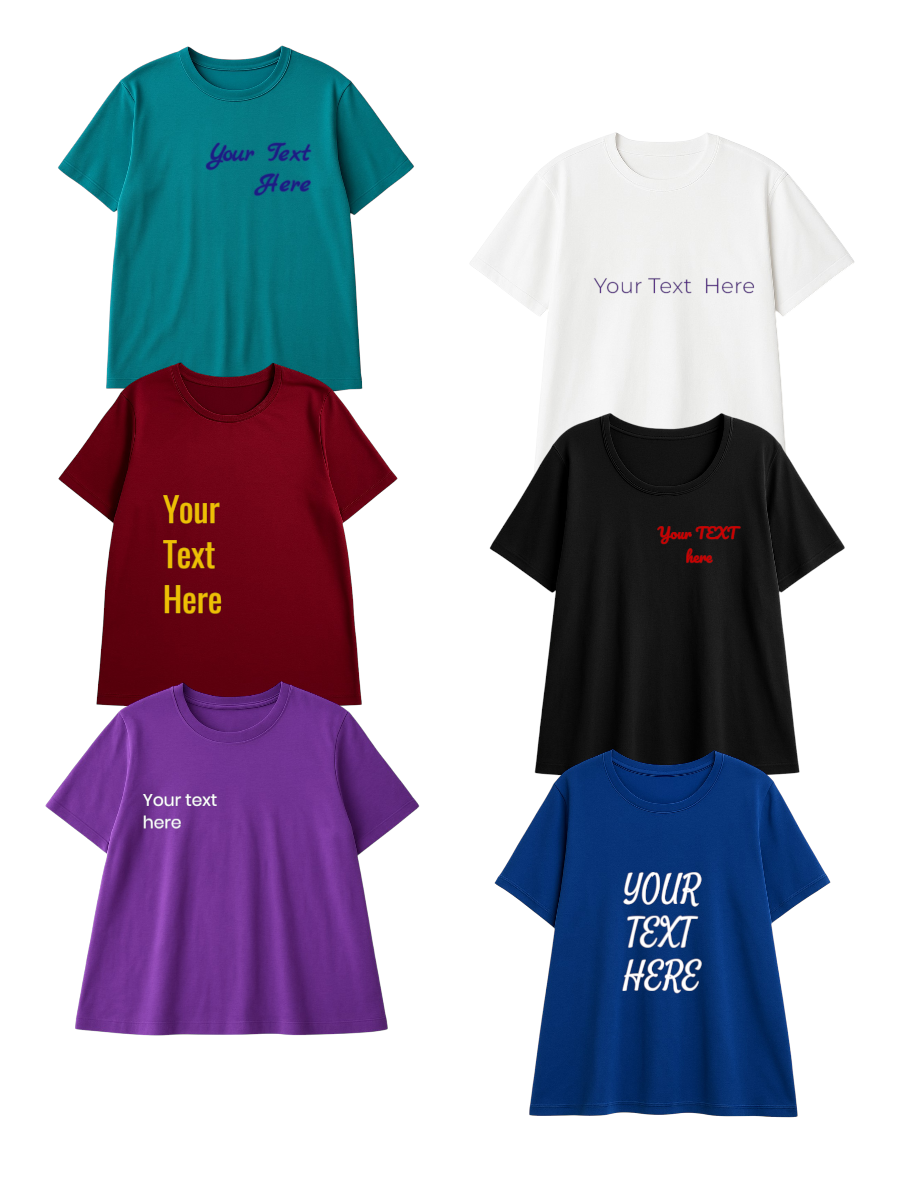 Personalized Round Neck Tees - Cotton Polyester in various colors featuring customizable text options.