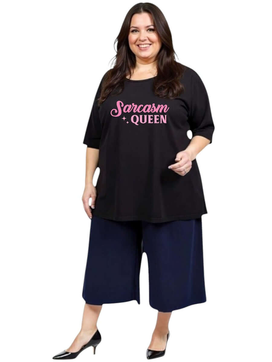 Sarcasm Queen - Custom Print Tee in black on a plus-size model, showcasing customisation options for size 16-50.