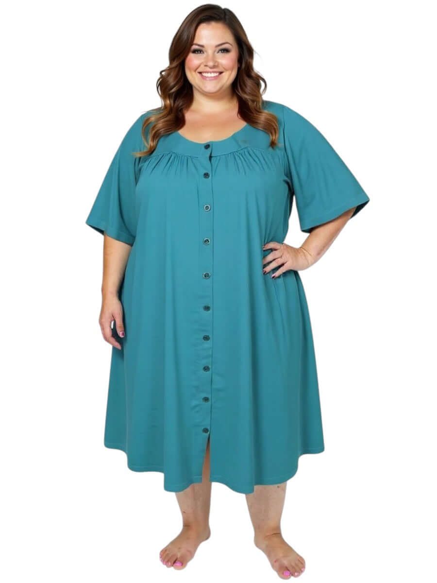 Women’s Plus Size Spring Dressing Gown – Teal by Dale and Waters, featuring a round neck, button front, and relaxed fit.