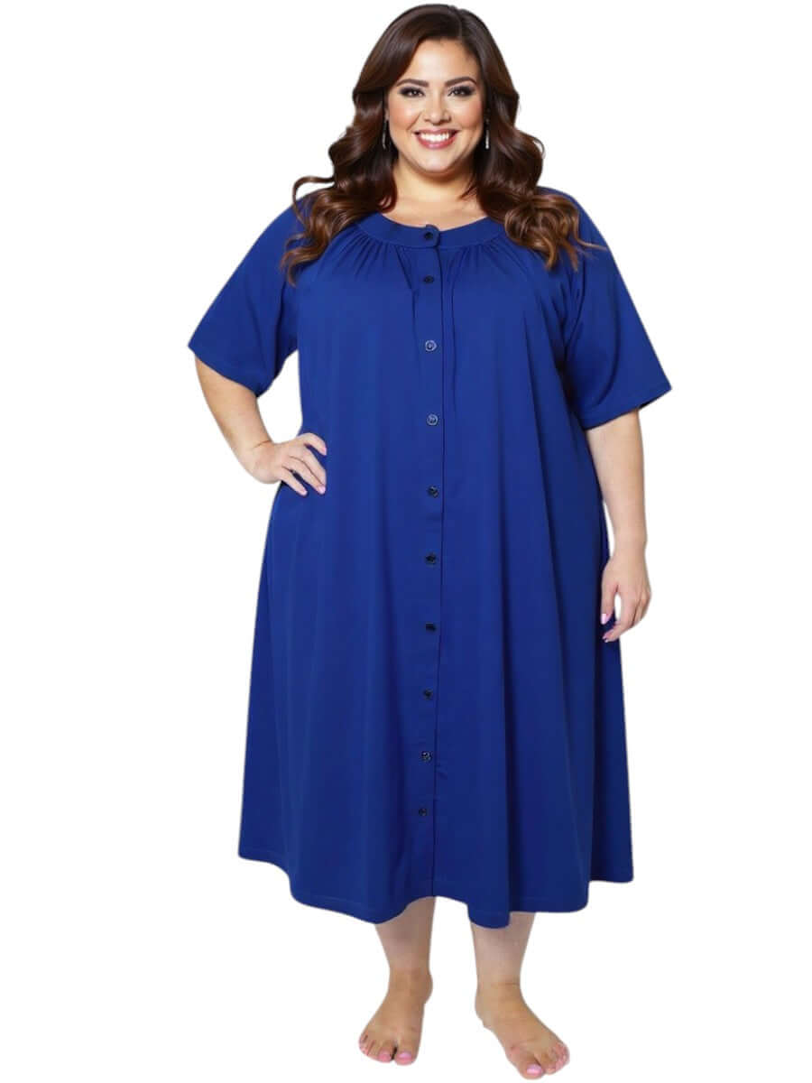Women’s Plus Size Spring Dressing Gown in Navy by Dale and Waters, featuring button-through front and ¾ sleeves.