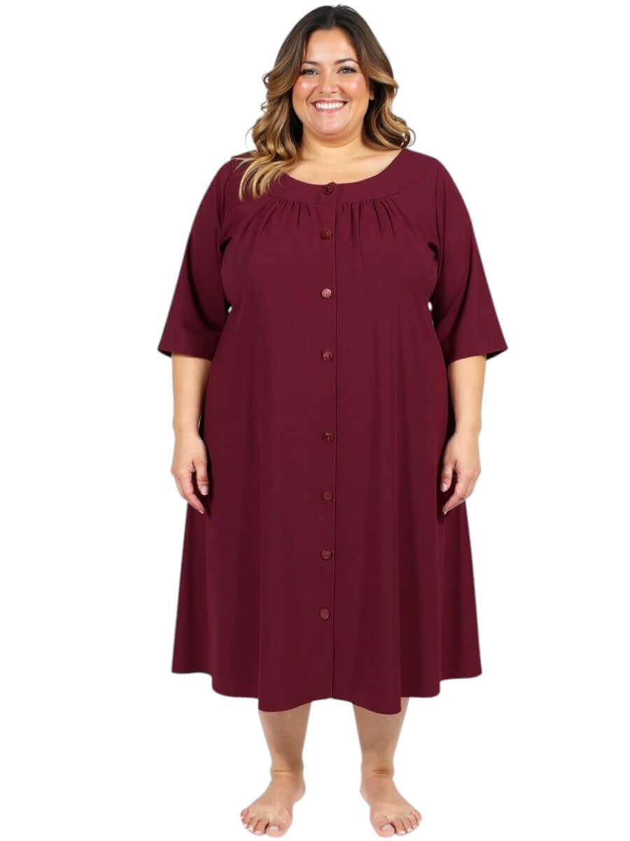 Women’s Plus Size Spring Dressing Gown in Wine by Dale and Waters, featuring a round neckline and button-front design.