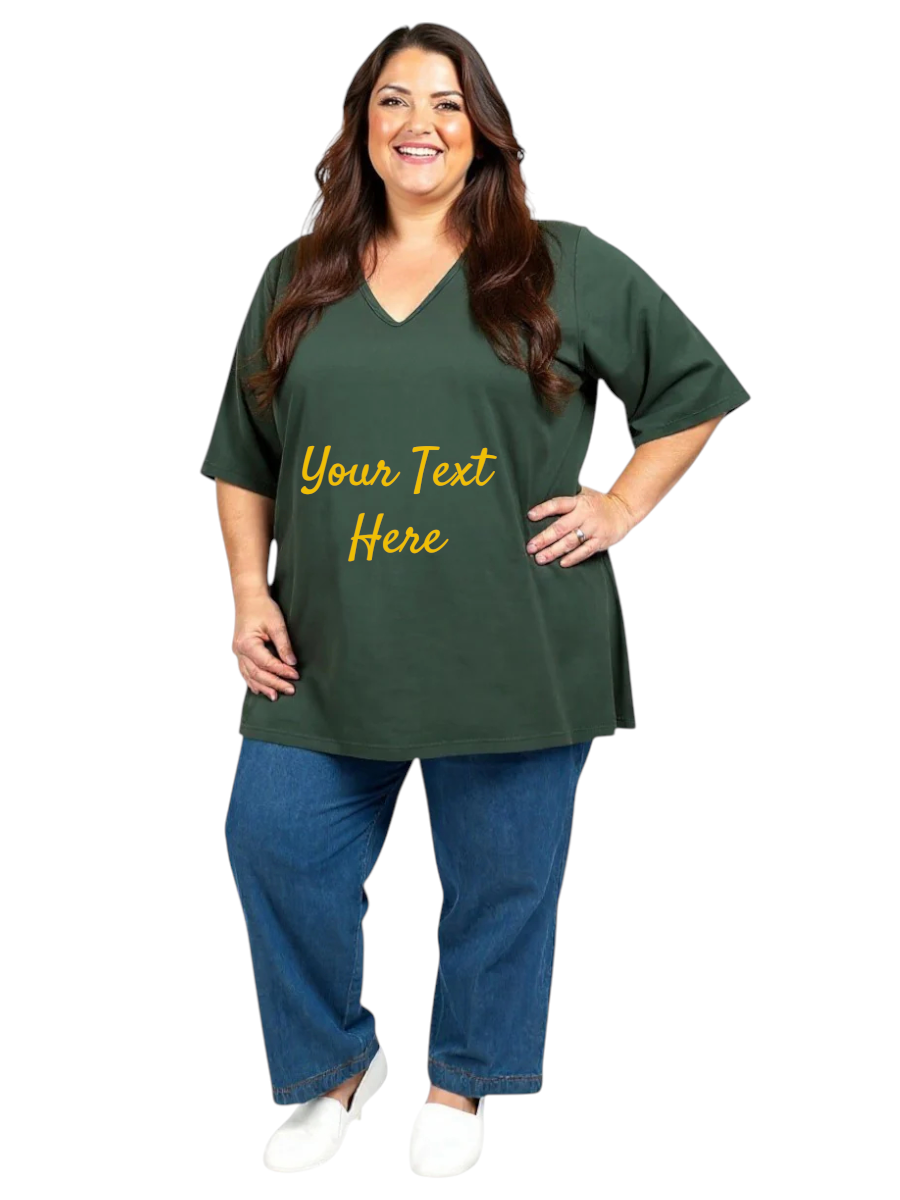 Personalized V-neck Tees - Cotton Spandex, plus size customizable tee with personalized text for women.
