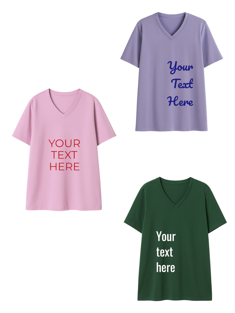 Personalized V-neck Tees - Cotton Spandex in three colors with customizable text options for women.