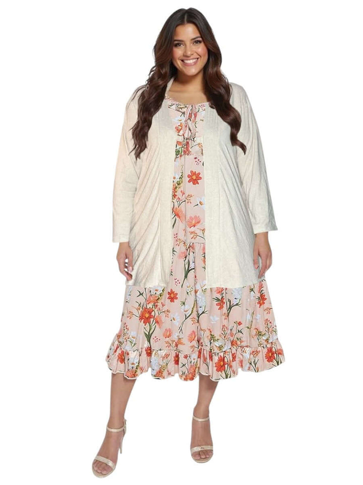 Women’s Plus Size Trinity Dress – Apricot Print by Dale and Waters, featuring floral design and soft ruffle hem.