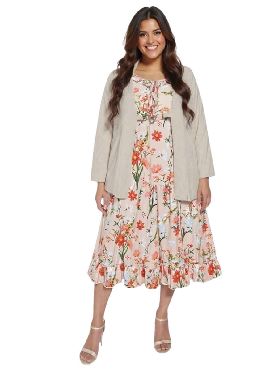 Plus size model wearing a floral dress with a lightweight stone Mercedes E2E Cardi by Dale and Waters.