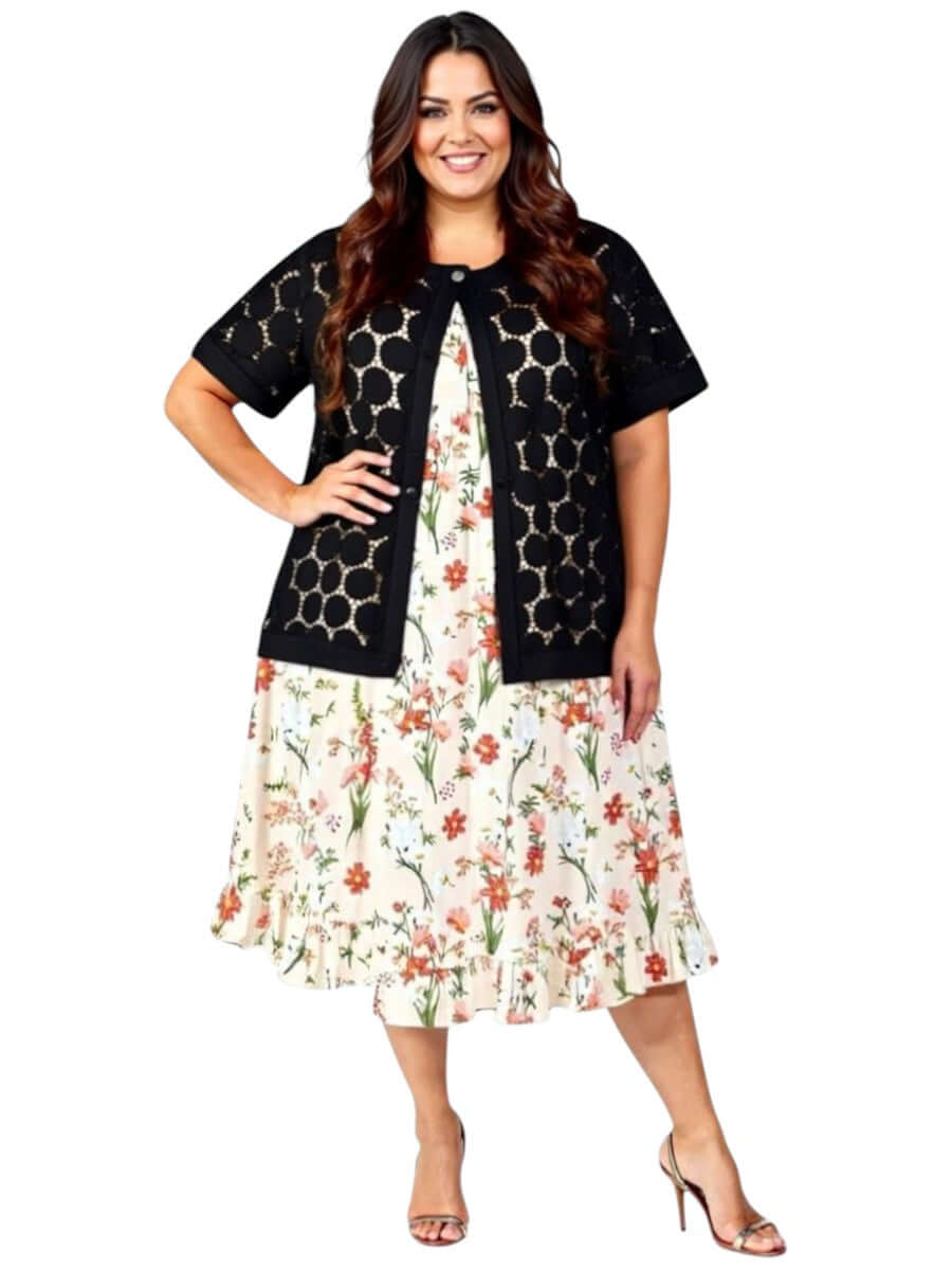 Plus-size model wearing a Lasalle Jacket - Black over a floral dress, showcasing its lightweight and stylish design.