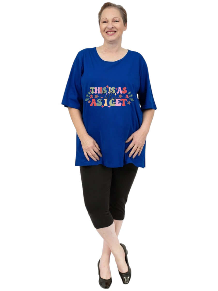 CHRISTMAS Round Neck Tees - Cotton Polyester in vibrant blue, featuring a playful graphic design for plus-size women.