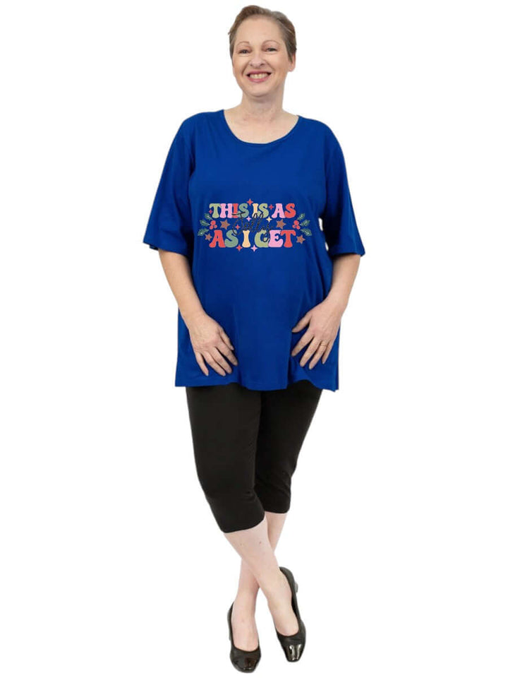 CHRISTMAS Round Neck Tees - Cotton Polyester in vibrant blue, featuring a playful graphic design for plus-size women.