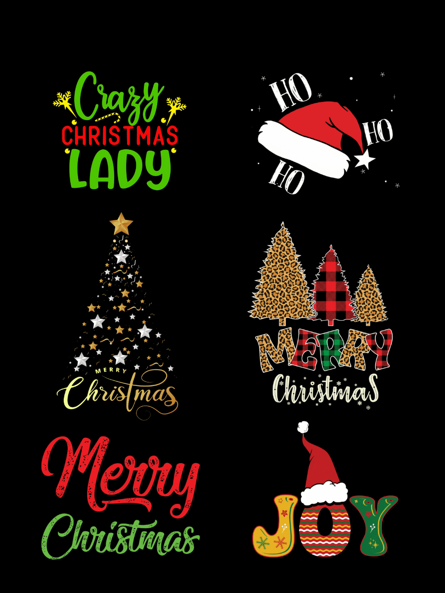 Colorful Christmas Prints featuring text and designs for festive tees.