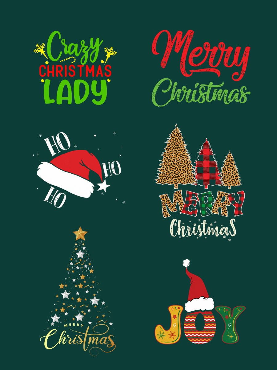 Colorful Christmas-themed graphics including 'Crazy Christmas Lady', 'Merry Christmas', and festive elements.