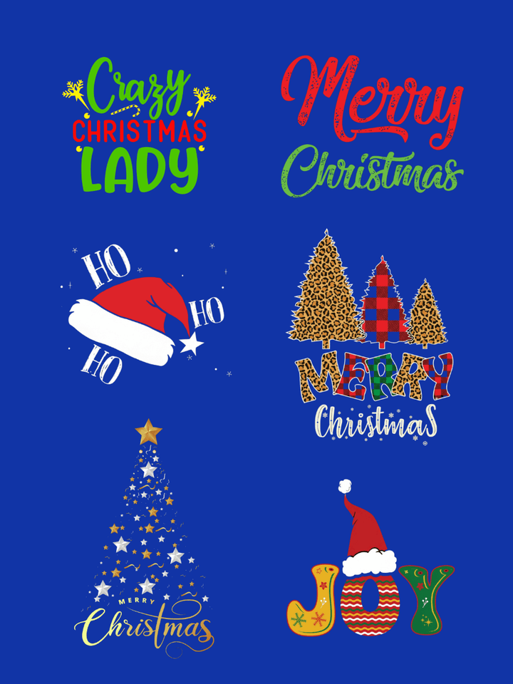 Various festive designs including 'Crazy Christmas Lady', 'Merry Christmas', and Christmas trees on a blue background.