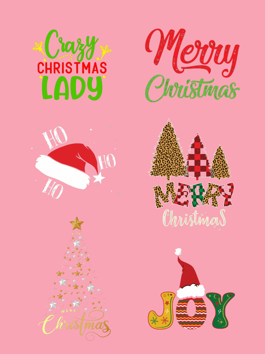 Designs featuring festive text: Crazy Christmas Lady, Merry Christmas, Ho Ho, and more on a pink background.