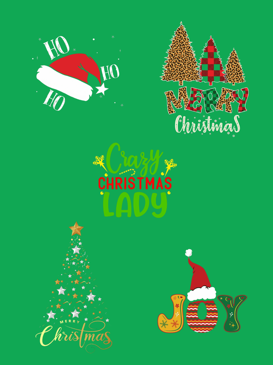 CHRISTMAS Round Neck Tees - Cotton Spandex featuring festive designs like 'Ho Ho Ho', 'Naughty Christmas', and 'Crazy Christmas Lady'