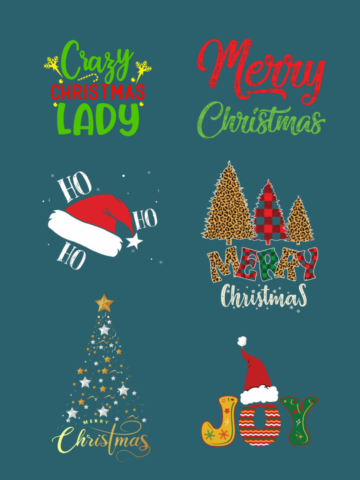 Designs featuring Merry Christmas, Crazy Christmas Lady, and festive holiday elements.