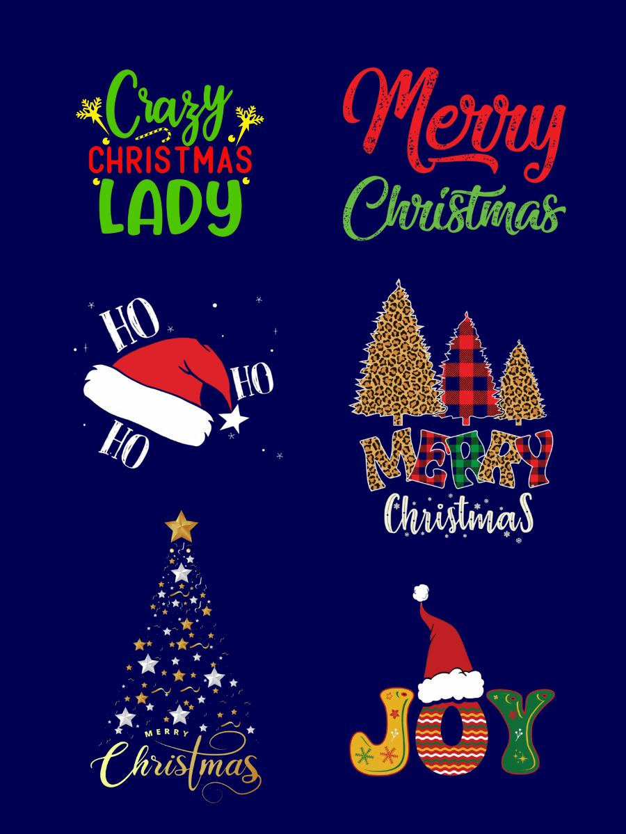 CHRISTMAS Round Neck Tees - Cotton Spandex designs featuring festive texts and graphics including Merry and Crazy Christmas.