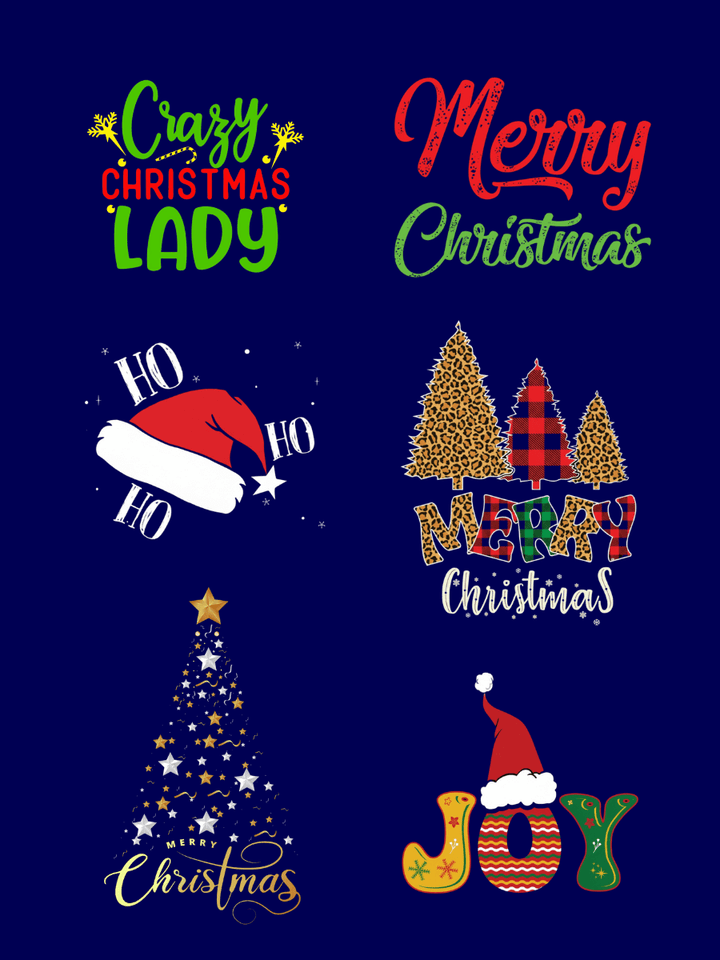 CHRISTMAS Round Neck Tees - Cotton Spandex designs featuring festive texts and graphics including Merry and Crazy Christmas.
