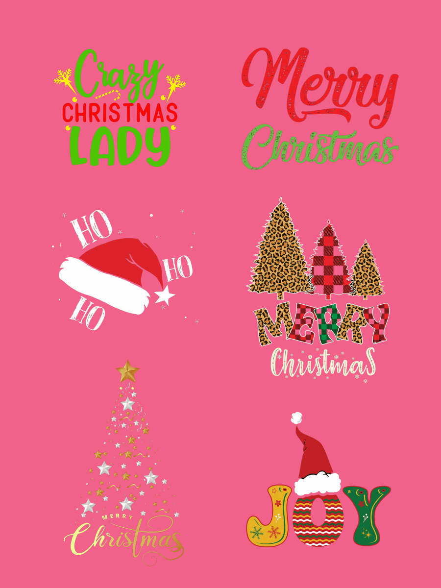 CHRISTMAS Round Neck Tees - Cotton Spandex featuring festive designs like Merry Christmas and Joy.