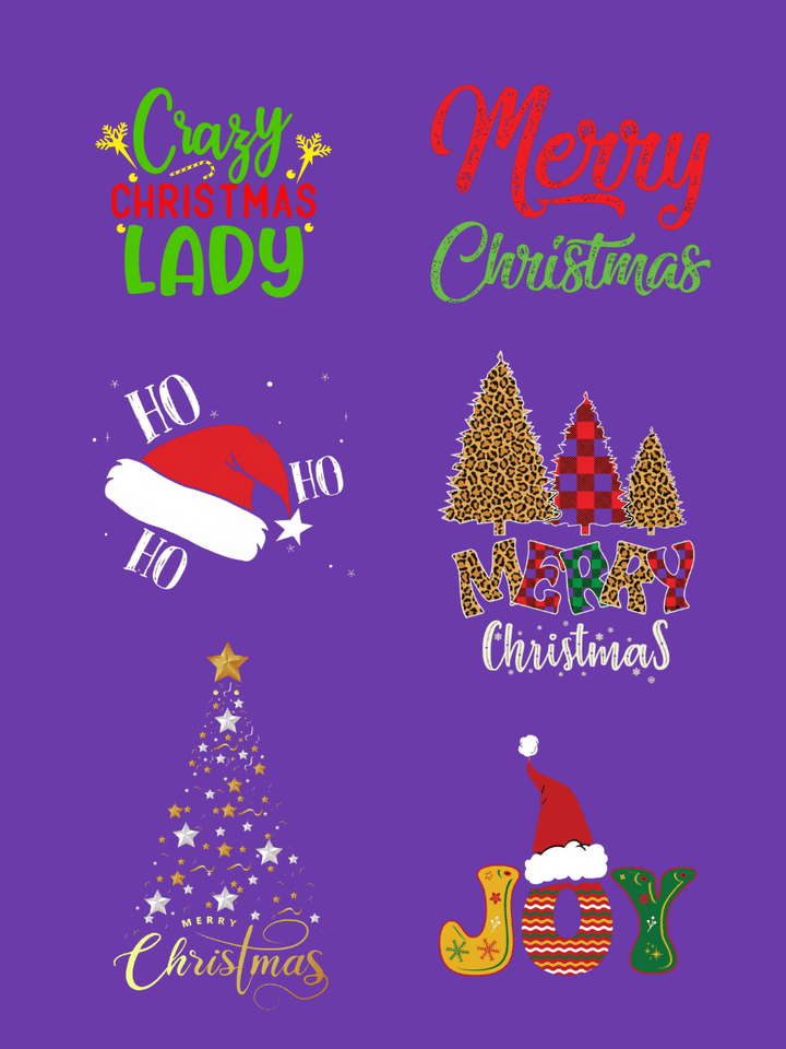 Various festive prints, including 'Crazy Christmas Lady' and 'Merry Christmas', on a purple background.