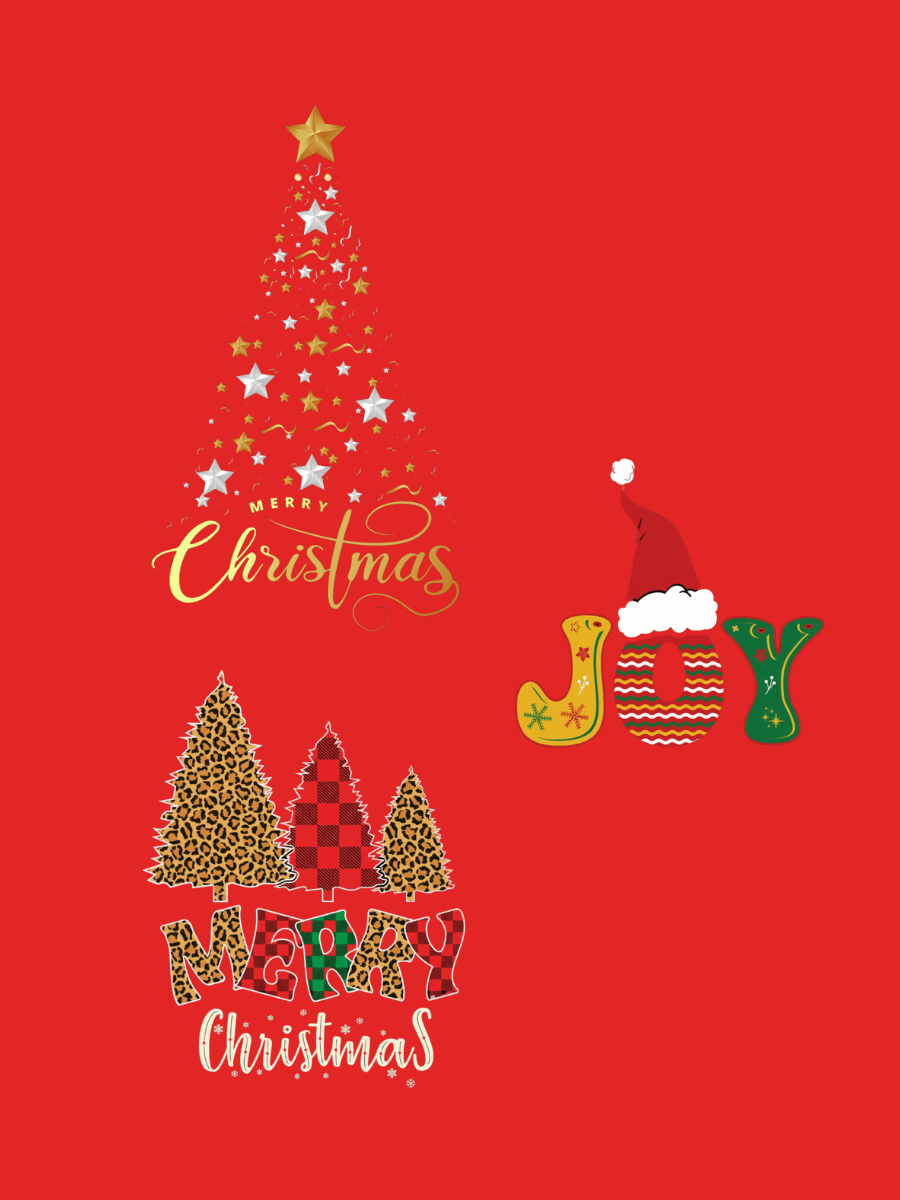 Merry Christmas graphic with decorated trees and the word Joy on a red background.