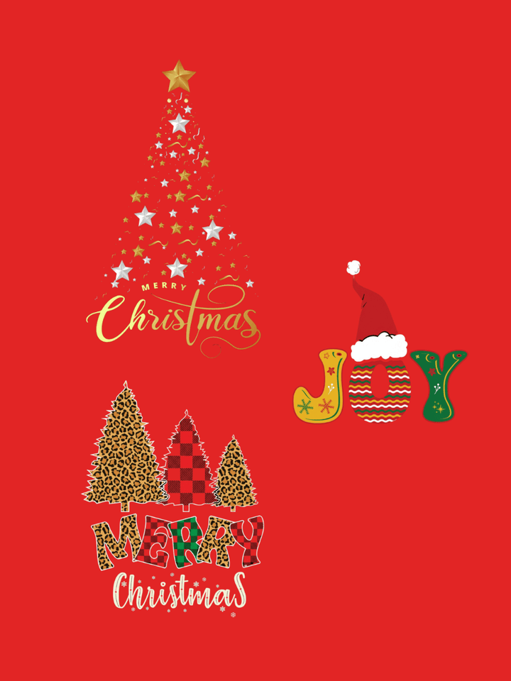Merry Christmas graphic with decorated trees and the word Joy on a red background.
