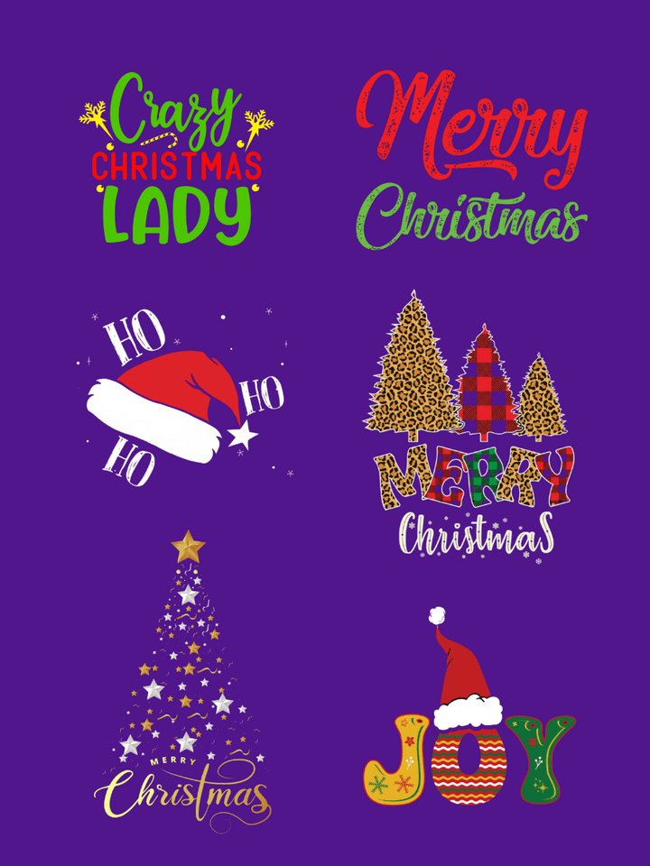 Image featuring various colorful Christmas-themed graphics and texts like Crazy Christmas Lady and Merry Christmas.