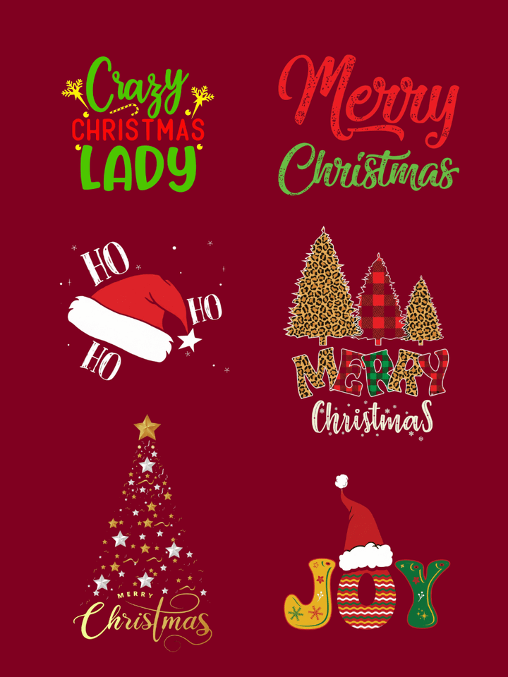 Various Christmas-themed prints including "Crazy Christmas Lady" and "Merry Christmas" designs on a festive background.