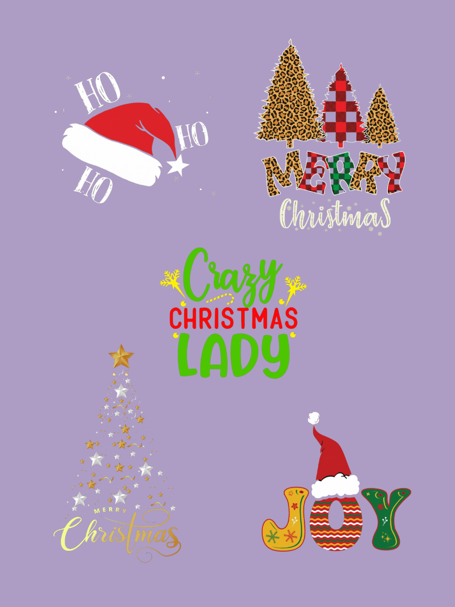 CHRISTMAS V-neck Tees - Cotton Spandex with festive graphics like 'Crazy Christmas Lady' and holiday designs.