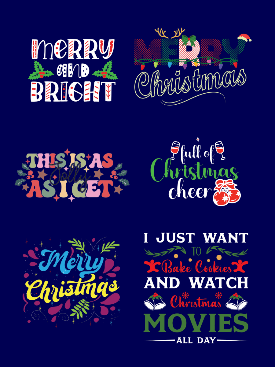 Various festive Christmas-themed text designs including 'Merry and Bright' and 'I Just Want to Bake Cookies.'