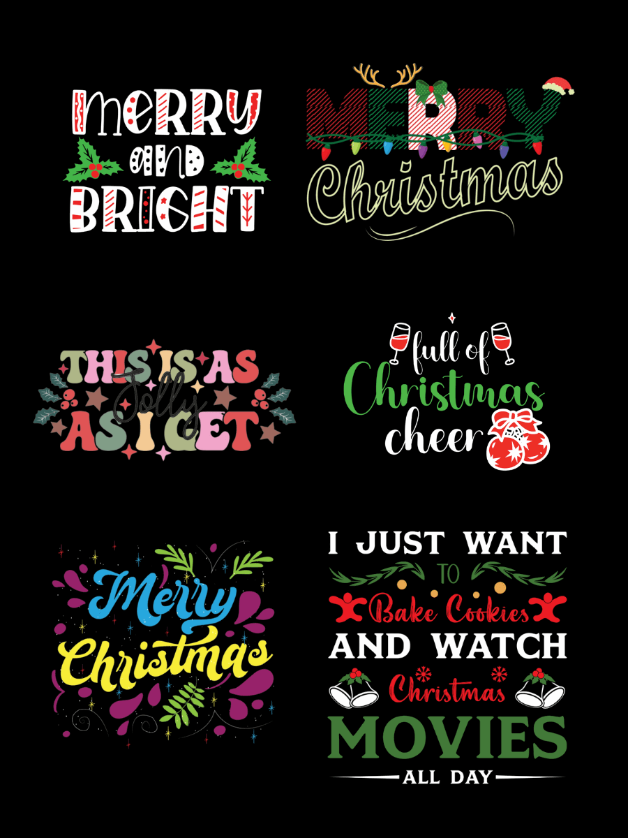 Colorful Christmas Prints featuring festive phrases and designs for custom plus-size tees.