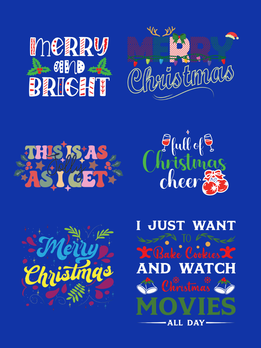 Various festive designs featuring text like 'MERRY AND BRIGHT' and 'MERRY Christmas' on a blue background.