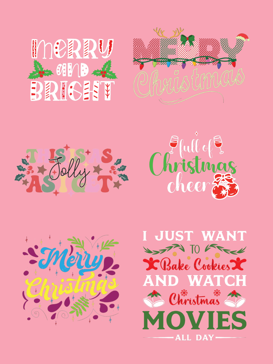 Colorful Christmas-themed typography designs featuring festive phrases and greetings.