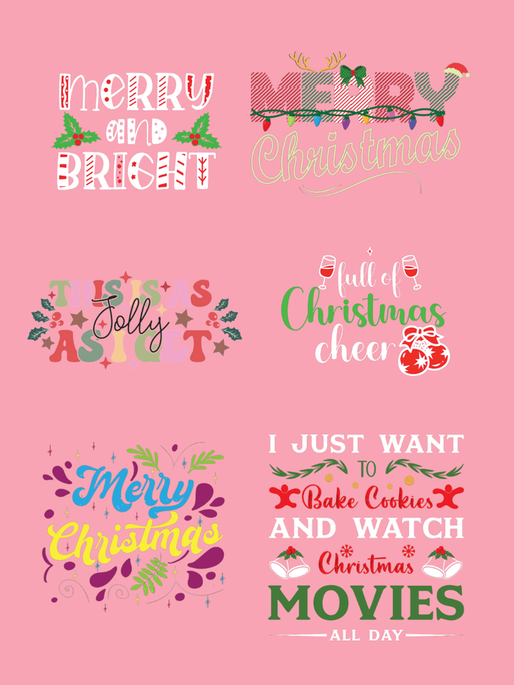 Colorful Christmas-themed typography designs featuring festive phrases and greetings.
