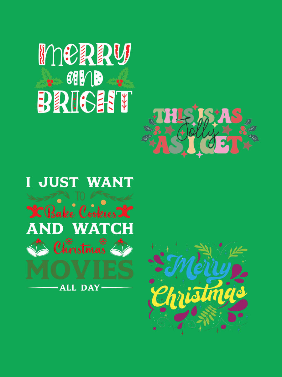 MERRY and BRIGHT and Christmas themed graphics on a green background for CHRISTMAS Round Neck Tees - Cotton Spandex.