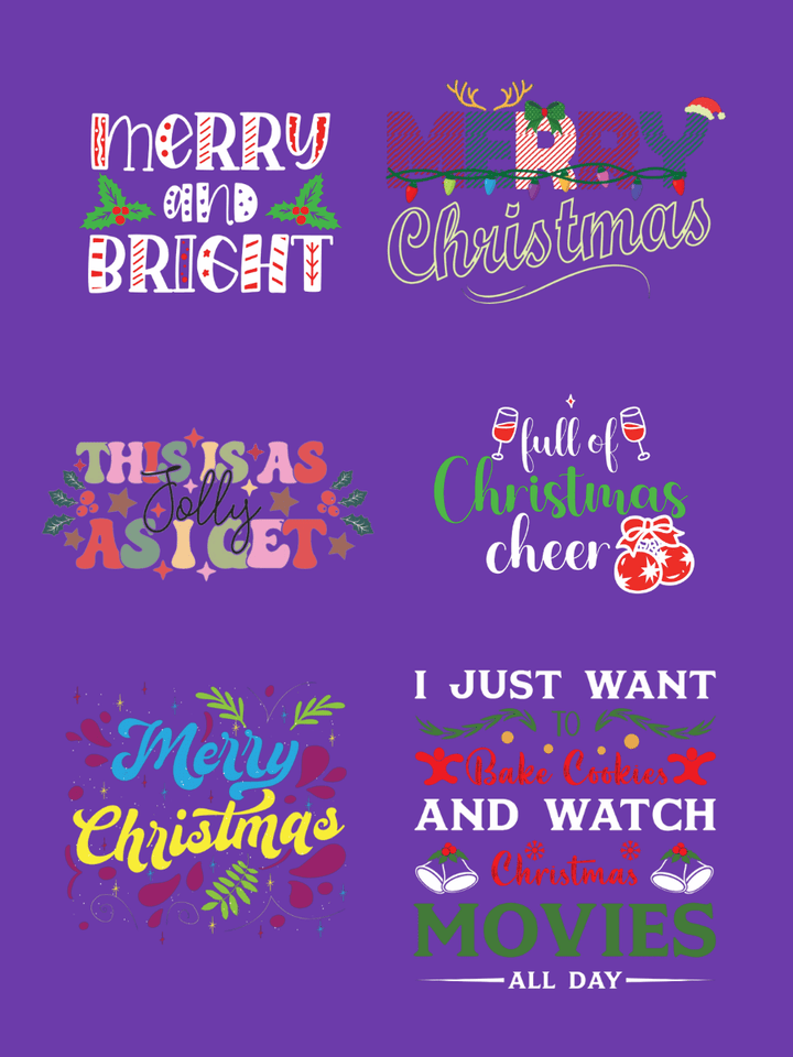 Colorful Christmas-themed text designs featuring festive phrases like 'MERRY and BRIGHT' and 'Merry Christmas'.