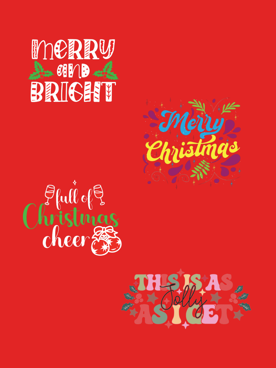 Graphic design featuring festive Christmas sayings on a red background.