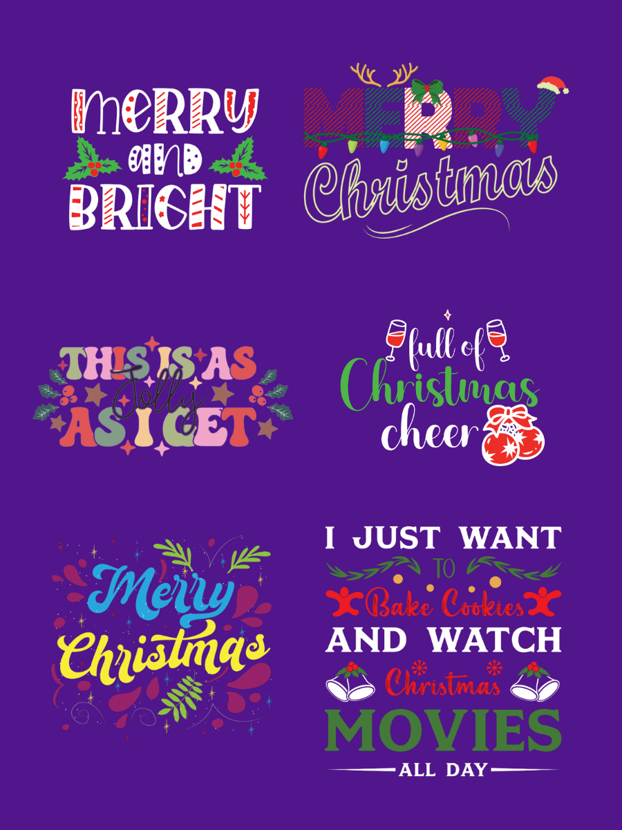 Colorful Christmas quotes and designs including "Merry and Bright" and "I Just Want to Bake Cookies and Watch Christmas Movies"