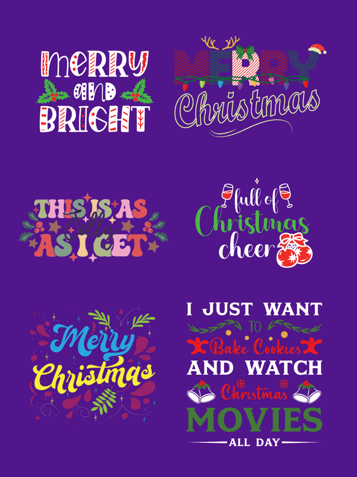 Colorful Christmas quotes and designs including "Merry and Bright" and "I Just Want to Bake Cookies and Watch Christmas Movies"