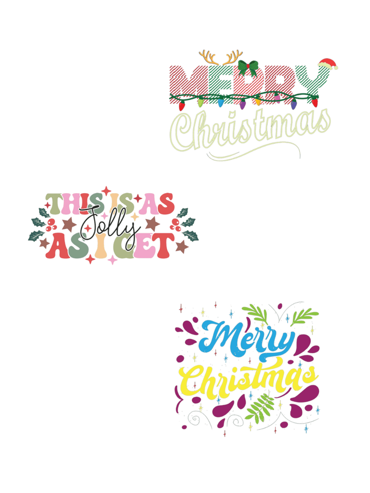 MERRY Christmas typography designs showcasing festive holiday messages for decorations and apparel.