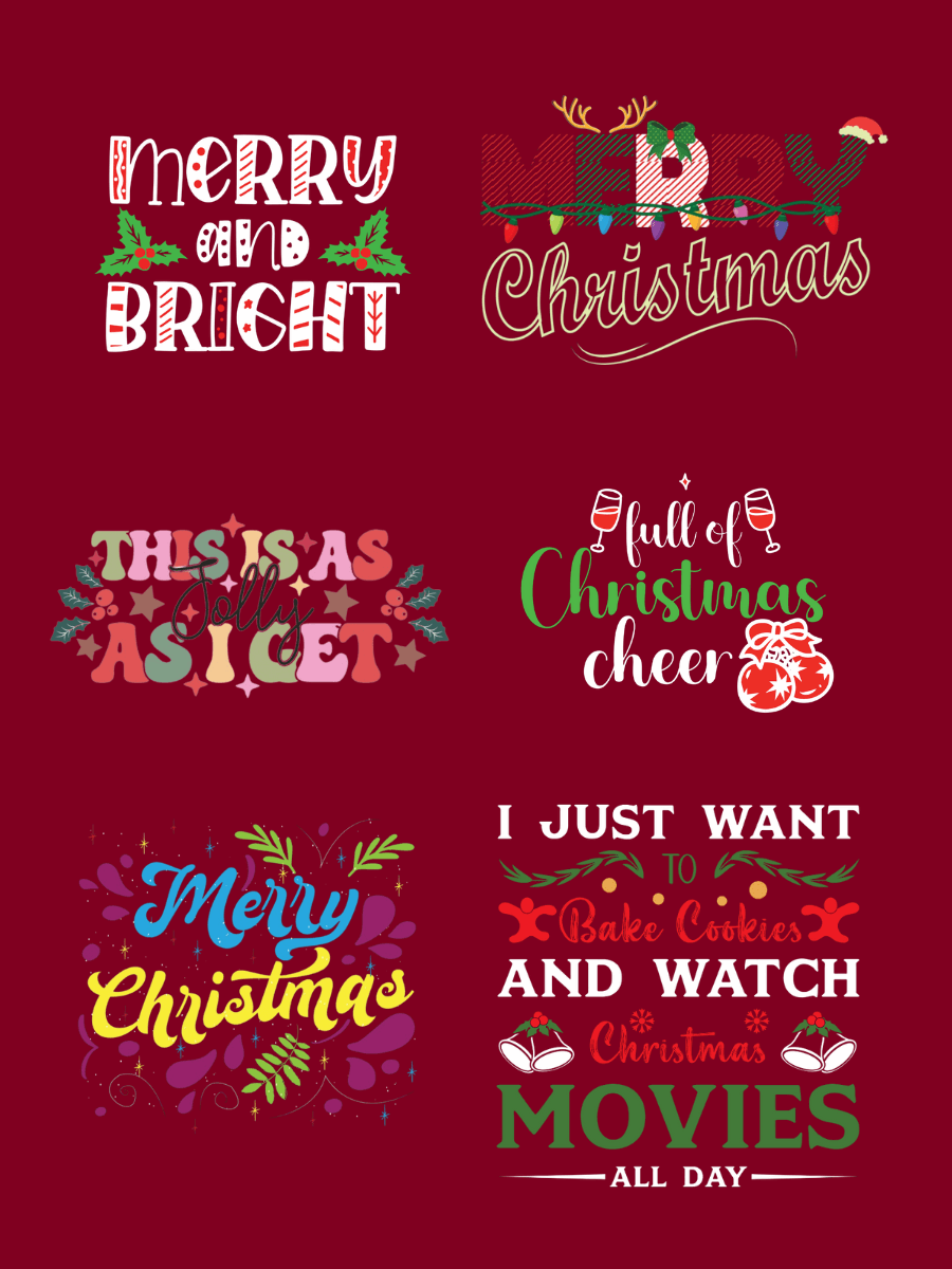 Colorful Christmas-themed typography with festive messages on a red background.
