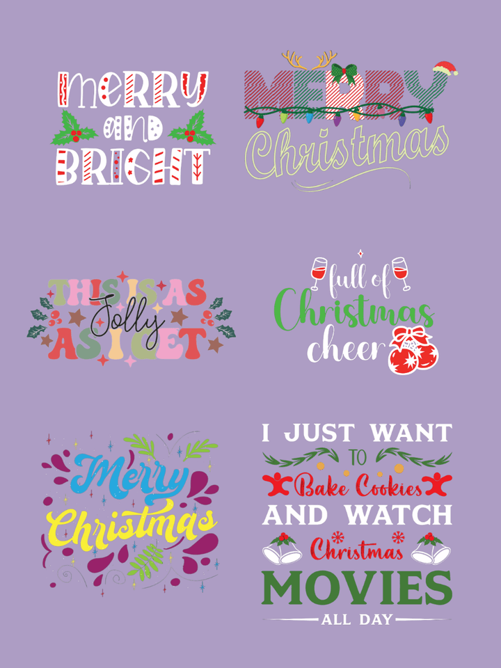 A collection of colorful Christmas-themed quotes and designs on a purple background.